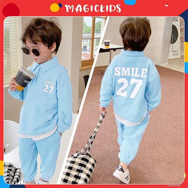 Quần áo trẻ em Magickids Đồ bộ bé trai dài tay áo polo in số quần dài chất nỉ da cá mềm mại giữ ấm thu đông BR22037