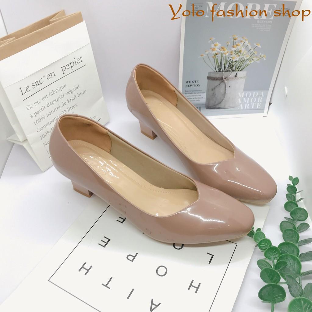 Giày cao gót nữ da bóng đế trụ mũi vuông 5cm da mềm êm chân -HC07