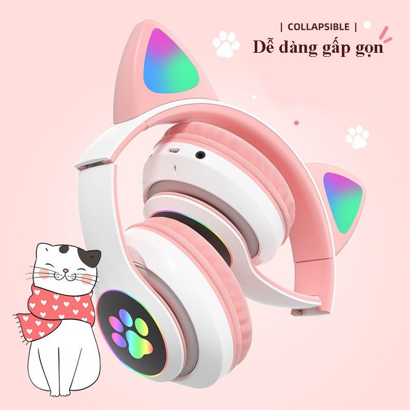 Tai nghe bluetooth có tai mèo cute, Có đèn led đổi màu (Tắt được nếu không muốn sử dụng), Headphone cao cấp