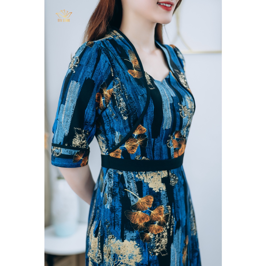 Đầm xòe thiết kế trung niên sang trọng Cổ lục giác tay lỡ màu Xanh họa tiết TTV STORE TTV1247