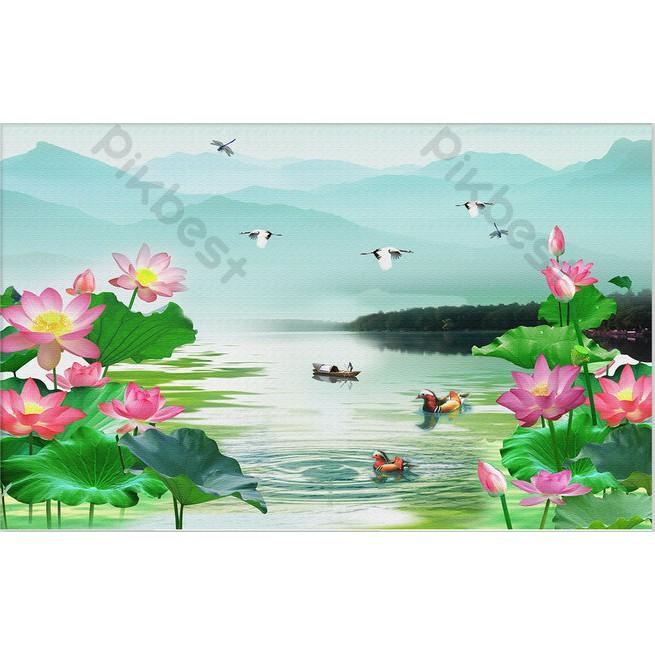 Tranh dán tường Tranh phong cảnh cánh đồng hoa sen, Tranh dán tường 3d hiện đại MS1215183
