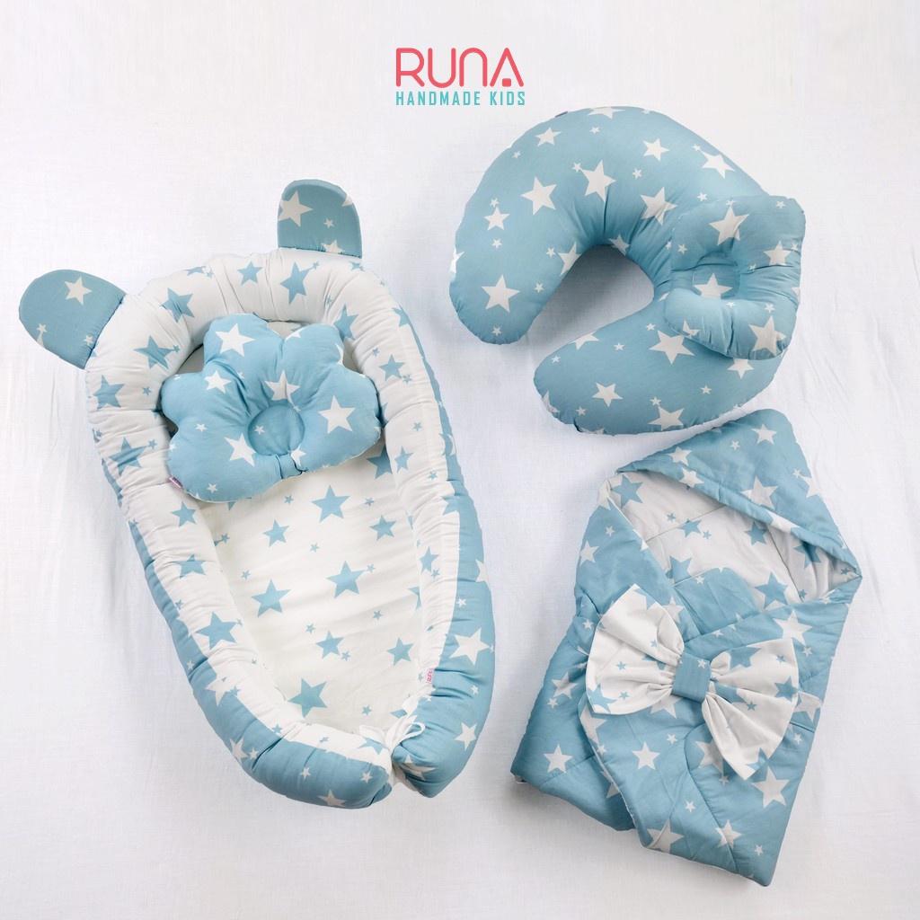 Combo nôi, gối chống bẹp đầu, gối chữ C và chăn bế RUNA KIDS hỗ trợ cho bé bú chất liệu Cotton Hàn cao cấp, mềm mịn