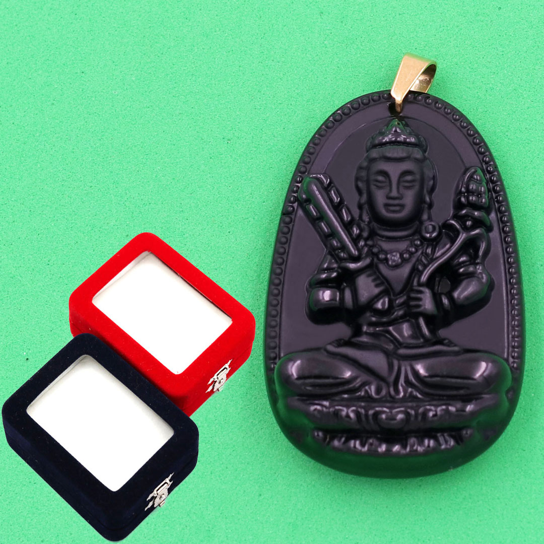 Mặt dây chuyền - Hư Không Tạng bồ tát - thạch anh đen 4.3cm - kèm hộp nhung - tuổi Sửu, Dần