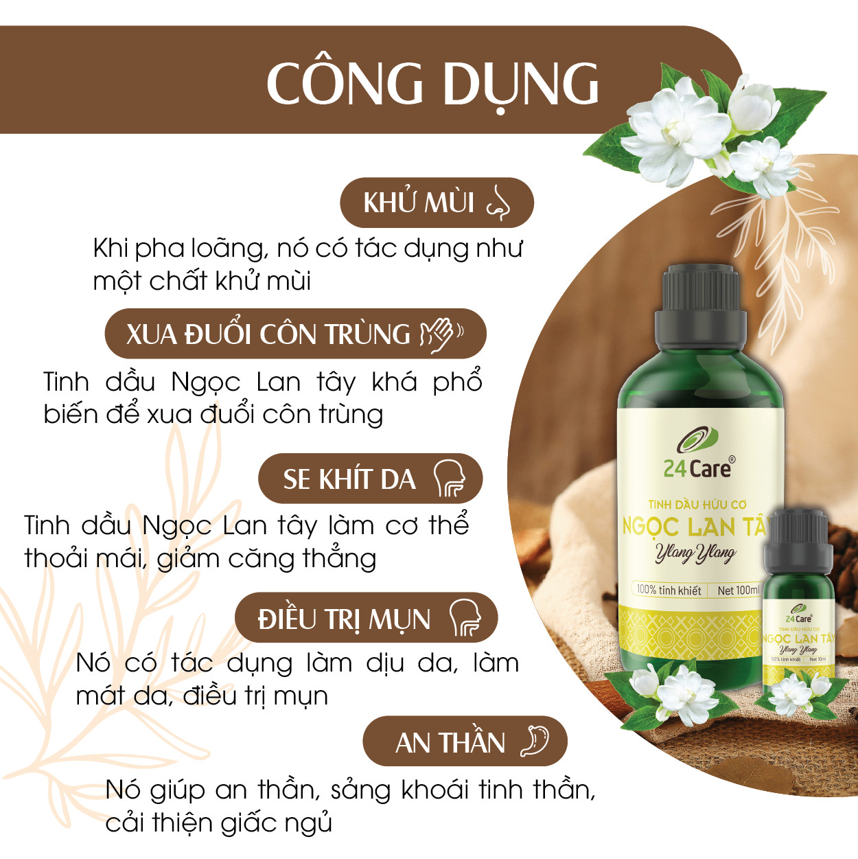 Tinh dầu Ngọc Lan Tây 24Care 100ML - Chiết xuất thiên nhiên, thanh lọc không khí, tập trung tinh thần, cải thiện tâm trạng.