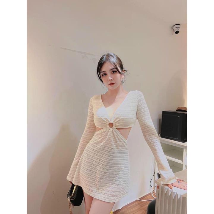 Đầm Body Tay Dài PINKSTORE29, Dáng Ôm Cut Out Khoen Ngực D085