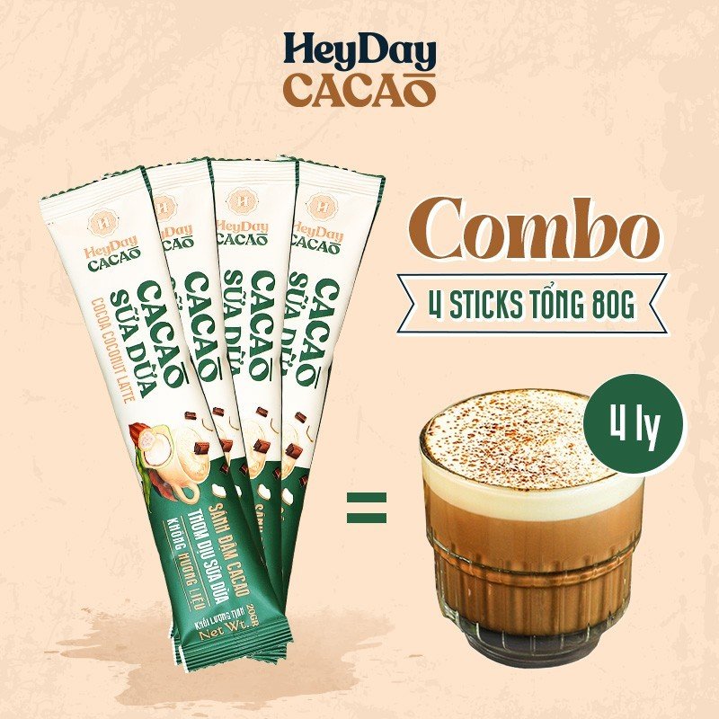 Bột Cacao Sữa Dừa Heyday - Combo 4 gói 20g - Bột cacao sữa dừa tự nhiên, thuần chay - Heyday Cacao