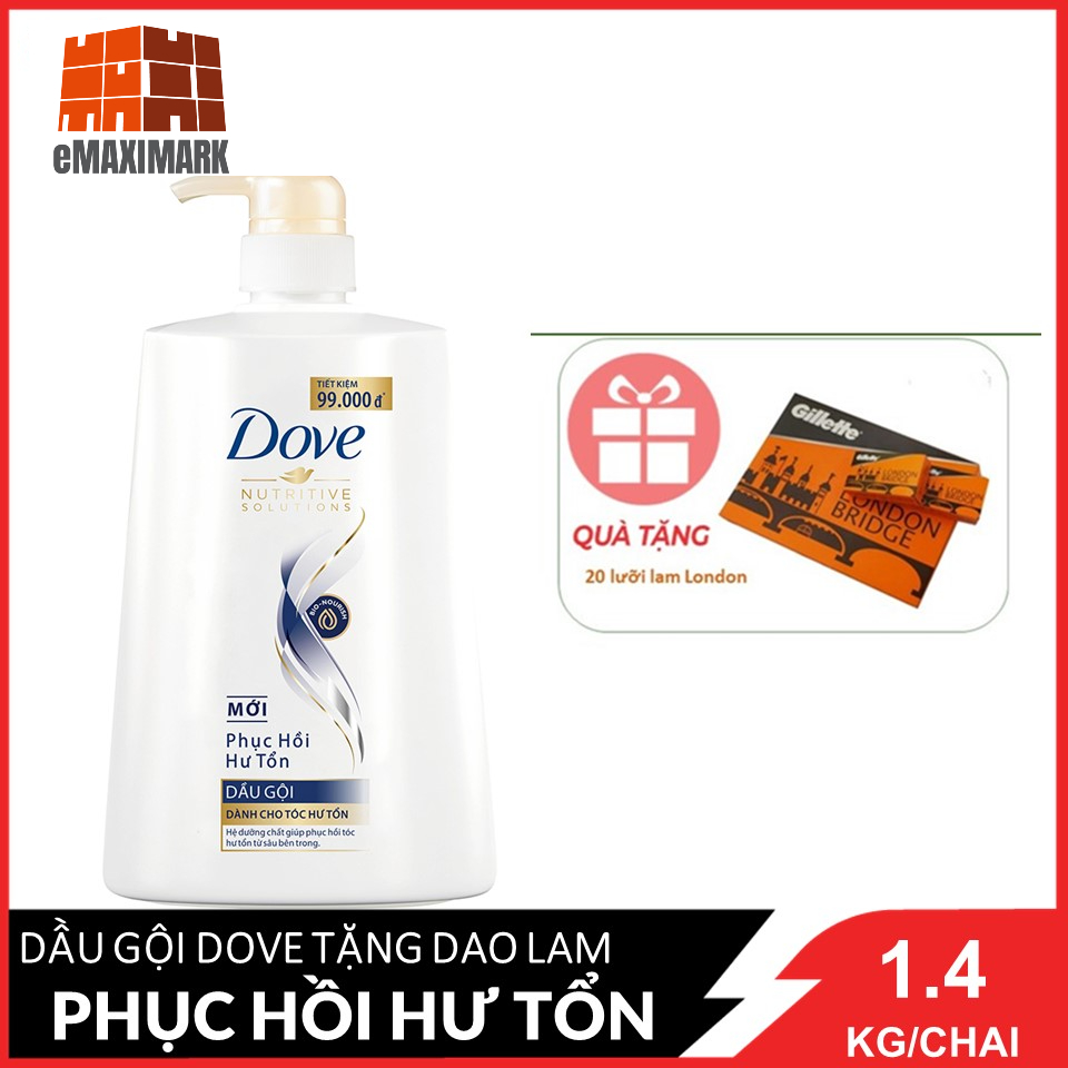 Dầu gội Dove Phục hồi Hư tổn 1400g tặng kèm 20 lưỡi lam London