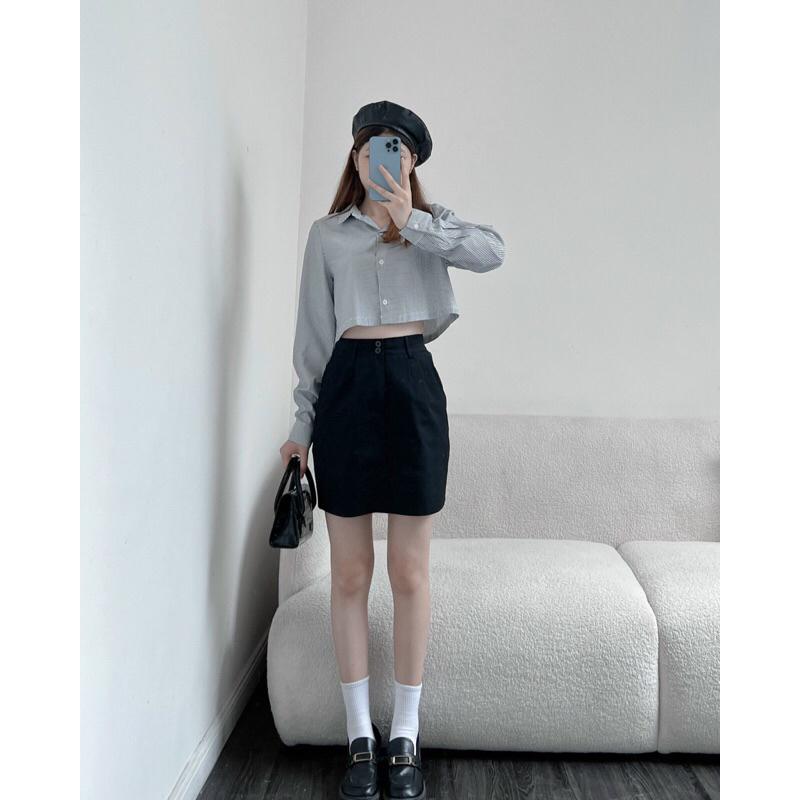 Áo sơ mi nữ GERME avnd042303 dài tay croptop kẻ sọc dọc dáng ngắn thiết kế