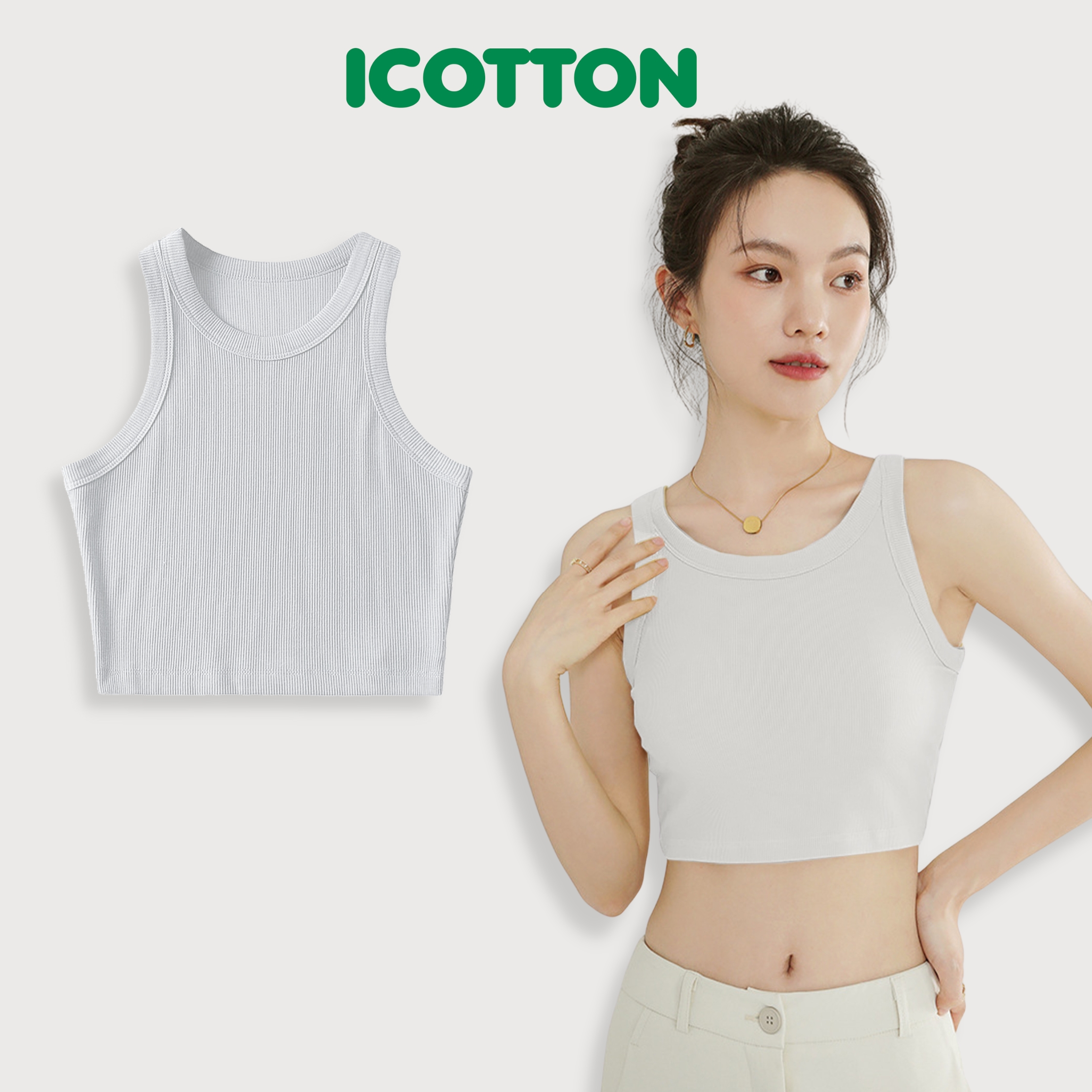 Áo ba lỗ croptop Icotton sát nách không tay ôm body vải thun gân co giãn