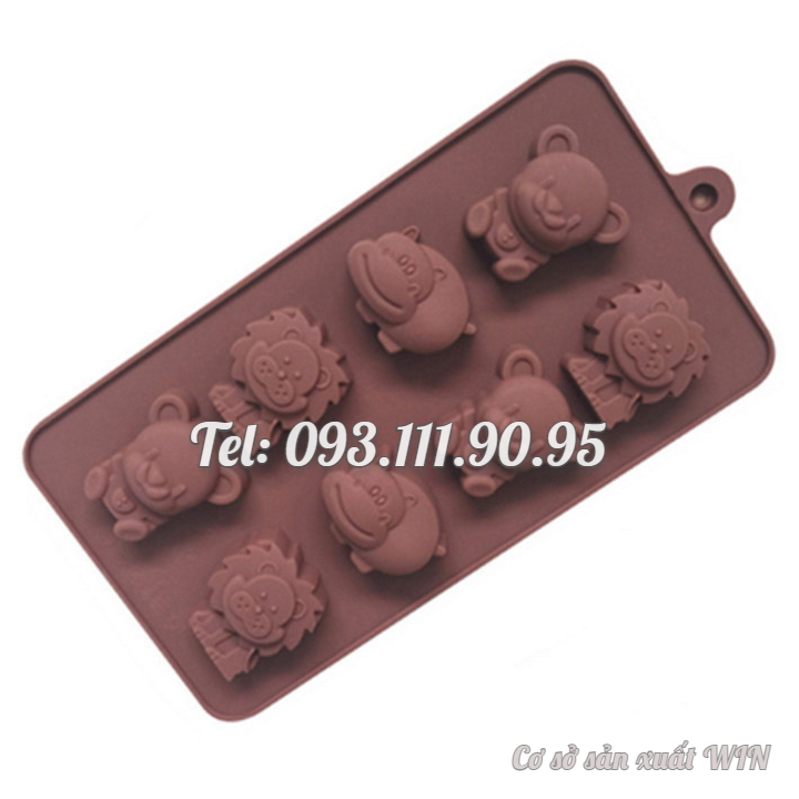 Khuôn silicon làm bánh, rau câu, socola 8 con hà mã, sư tử, gấu – Mã số 1435