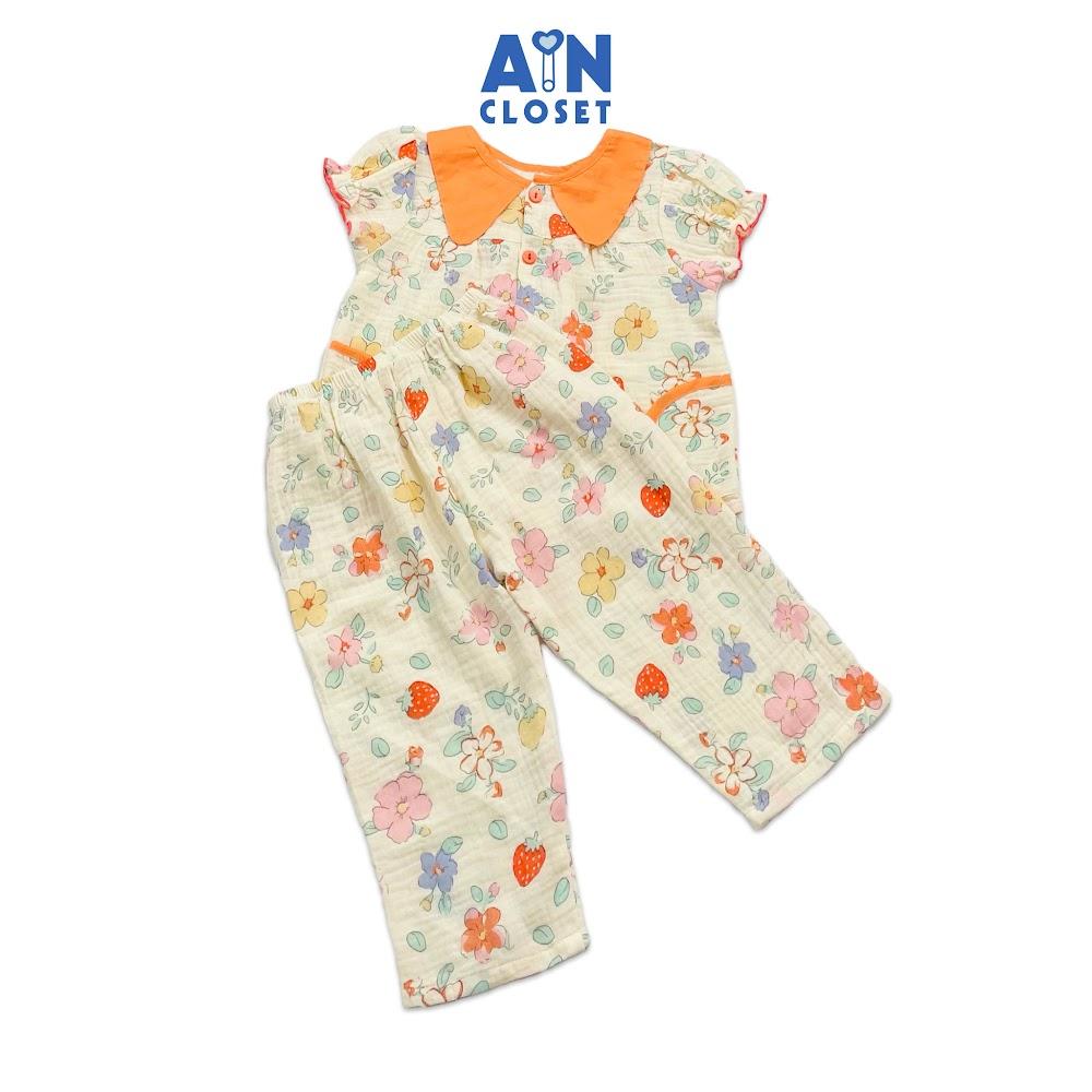 Bộ quần áo dài tay ngắn bé gái họa tiết Hoa Dâu cổ cam xô muslin - AICDBGTDX5FC - AIN Closet
