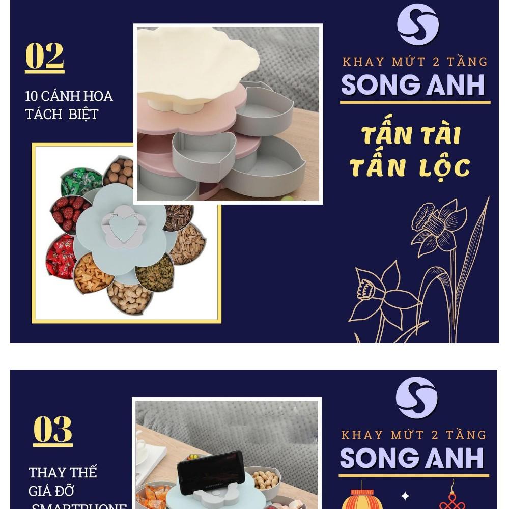 Khay Mứt Xoay, Hộp Đựng Mứt Tết Bánh Kẹo Mẫu Mới 2021 Song Anh 2 Tầng 10 Canh Hoa Có Rãnh Để Điện Thoại Màu Xan