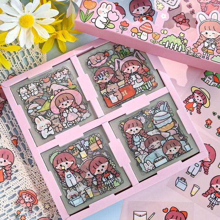 Set 100 sticker cute trang trí sổ tay cô gái 7,5cm x 7,5cm PET chống nước ST32