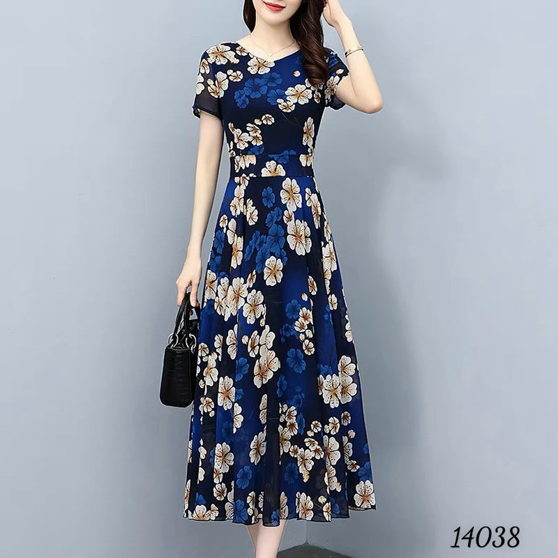 Đầm váy nữ voan midi hoa tay ngắn cổ V dự tiệc đám cưới xanh đậm cao cấp