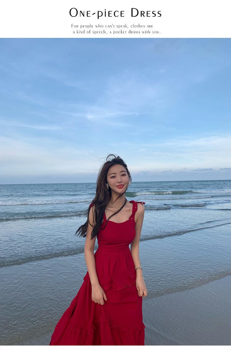 DONGSHOP Red Sling Dress Design Sense Little French Vintage Beach Dress Đối với phụ nữ đi biển kỳ nghỉ mùa hè 2023