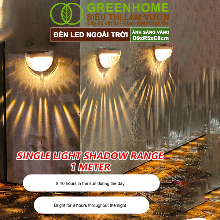 Đèn Led Năng Lượng Mặt Trời Greenhome, D9xR5xC6cm, Vàng Ấm, Chống Nước, Ốp Lan Can, Trang Trí Ban Công, Sân Vườn