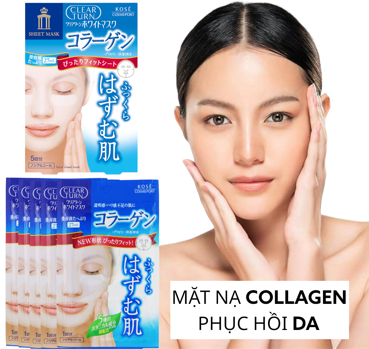 Mặt Nạ Dưỡng Trắng Collagen Kosé Softymo Clear Turn White Mask VC 5 Miếng