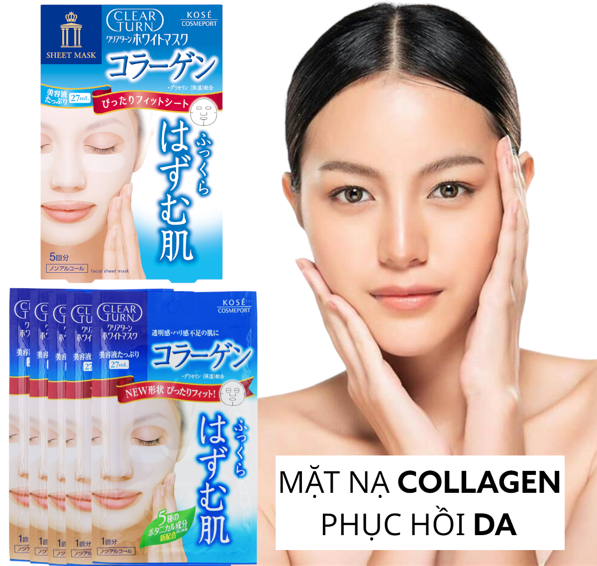 Mặt Nạ Dưỡng Trắng Collagen Kosé Softymo Clear Turn White Mask VC  5 Miếng (Combo 5 Miếng Và Set 24ml)