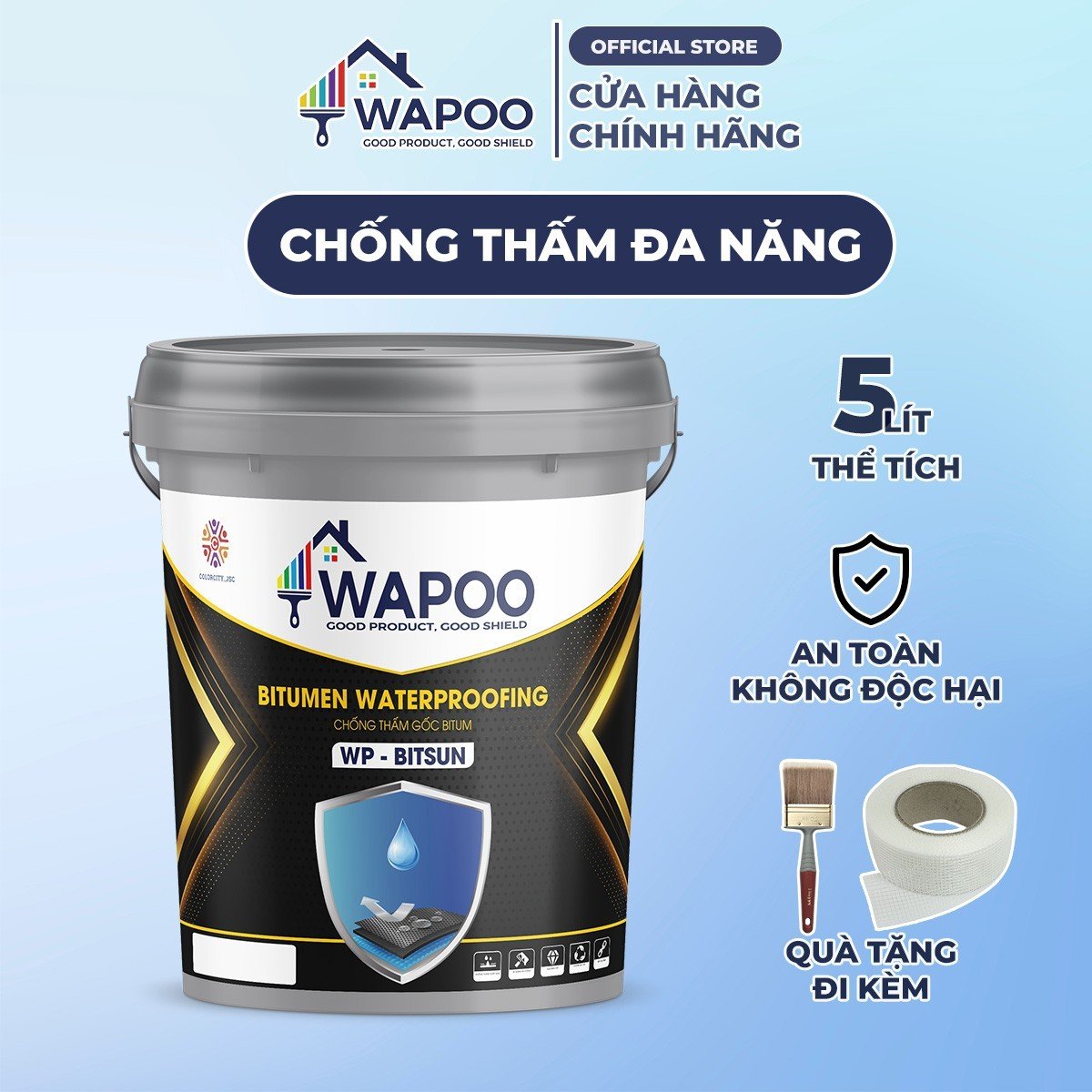 Sơn Chống Thấm Công Nghệ Đức Wapoo WP-BITSUN, Dung Tích 5L-Chống Thấm Bể Cá, Mái Nhà, Sân Thượng, Nhà Vệ Sinh, Chống thấm giá rẻ