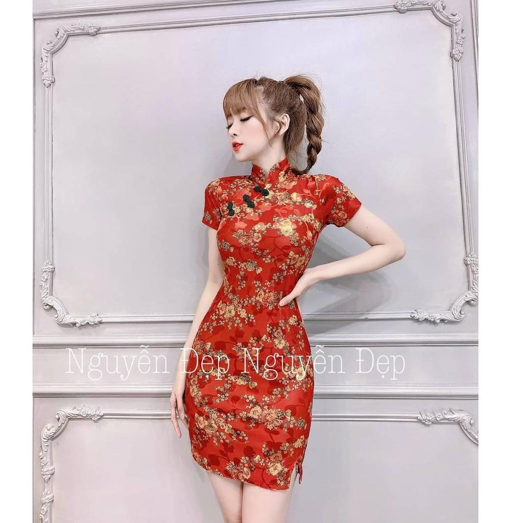 Đầm đỏ sườn xám hoa mai xịn xò