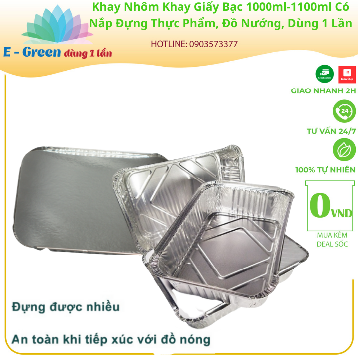 Combo 10-50 Khay Nhôm, Khay Giấy Bạc 1 Ngăn 1000ml-1100ml Có Nắp, Đựng Thực Phẩm, Đồ Nướng,Tiện Lợi - Egreen dùng 1 lần