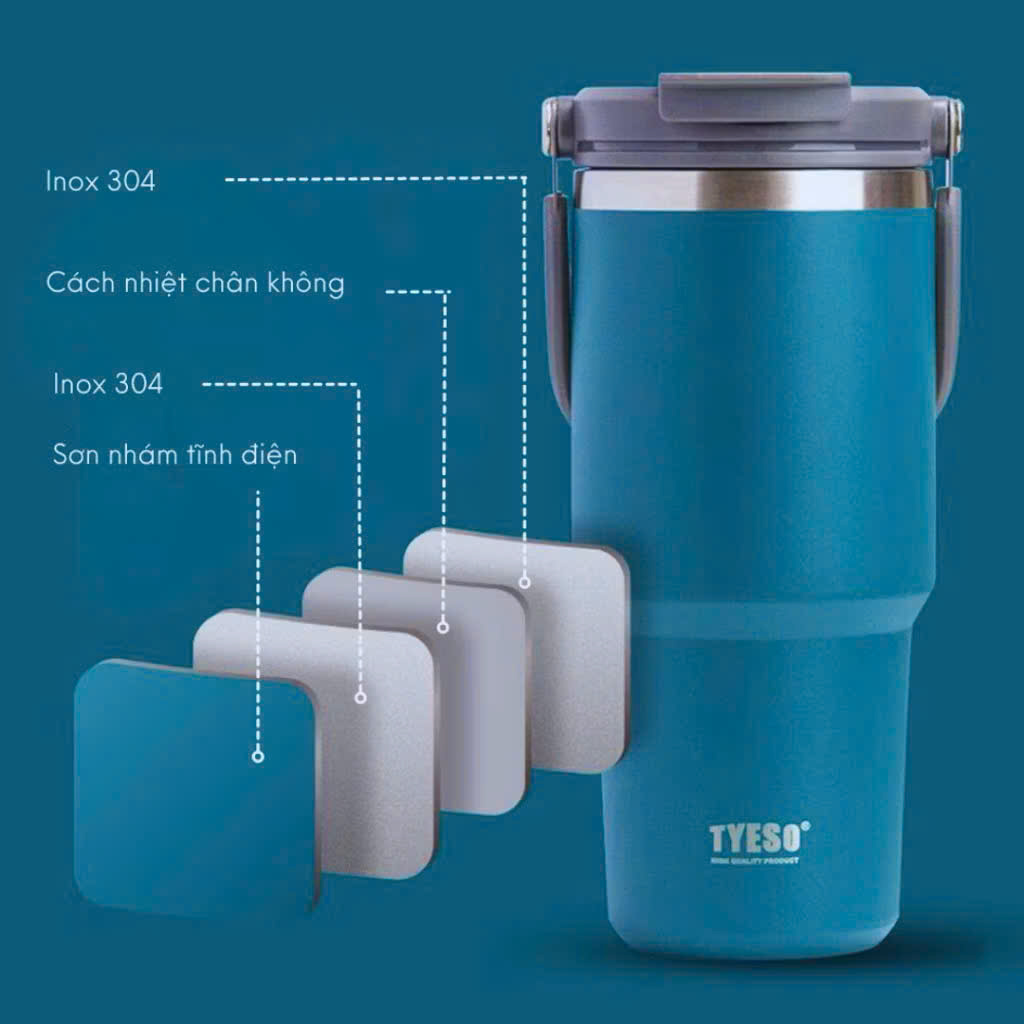 Cốc giữ nhiệt TYESO TS-8827 750ml tay cầm công thái học Chống tràn &amp; Giữ nhiệt 12 tiếng