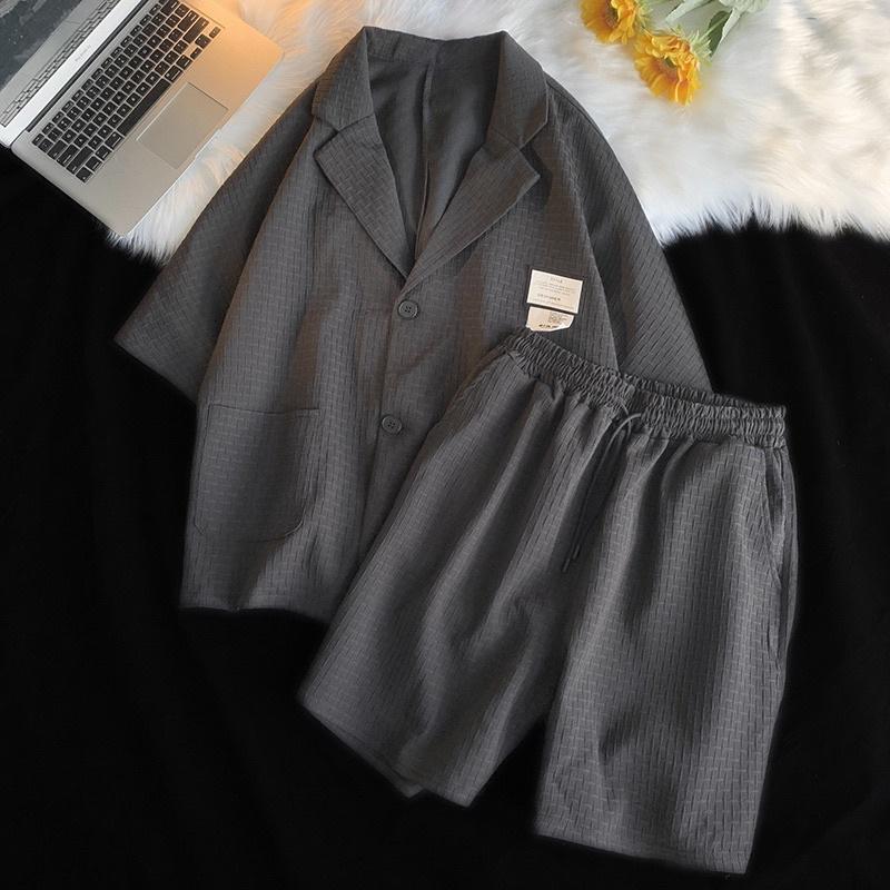 Bộ blazer nam ngắn tay kèm quần đùi phối hoạ tiết , Áo khoác phong cách hàn quốc - Trắng, Trắng