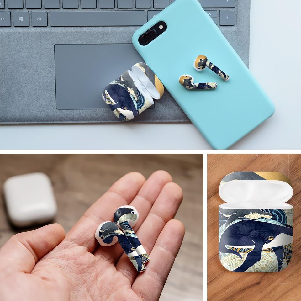 Miếng dán skin cho AirPods in hình cá voi xanh - giả sơn mài - GSM138