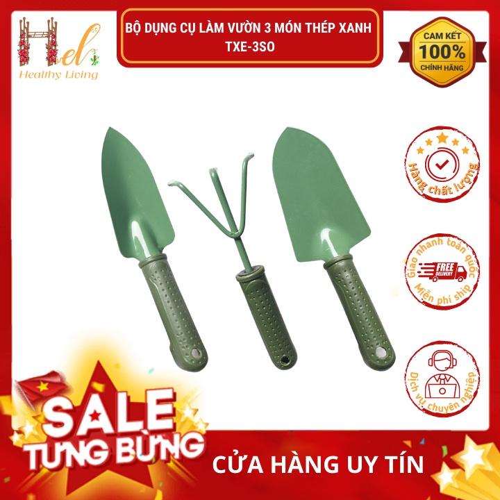 Bộ Dụng Cụ Làm Vườn 3 Món (Thép Xanh) Dùng Cào Đất, Xúc Đất Trồng Hoa, Trồng Rau Sạch, Cây Cảnh