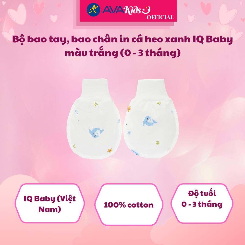 Bộ bao tay, bao chân in cá heo xanh IQ Baby màu trắng (0 - 3 tháng) - Hàng Chính Hãng