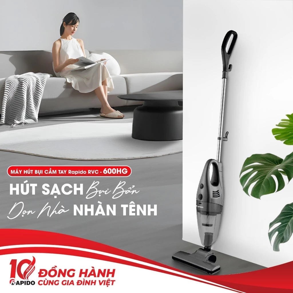 Máy hút bụi cầm tay Rapido RVC-600HG 600W thương hiệu Đức siêu mạnh 15000Pa với 3 đầu hút đa năng - Hàng chính hãng