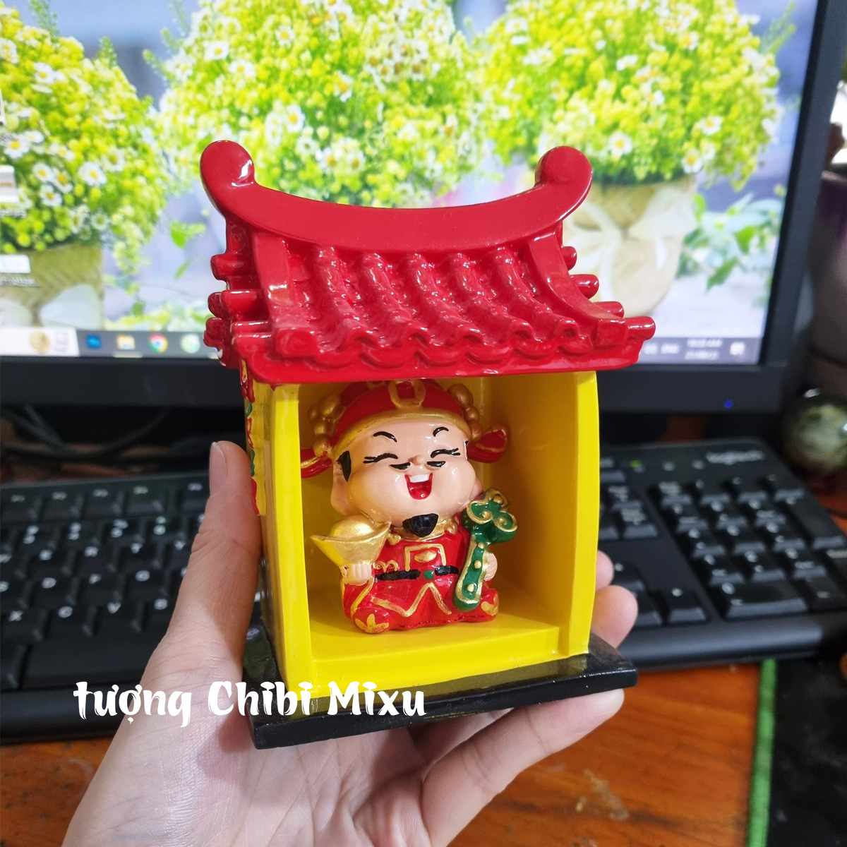 Bộ thờ cúng Miếu Thần.Tài (gồm miếu size đại + tượng Thần Tài 6cm + lư hương + đế size 12cm) mô hình bàn thờ Thần Tài mini