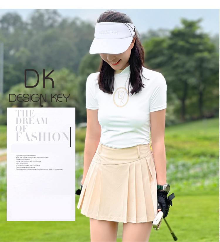 Fullset golf nữ DKGOLF D-SN23130 - D-KN23128 - Áo cộc tay nữ cổ đứng kèm họa tiết DK trước ngực, kết hợp chân váy xòe thêm phần nữ tính