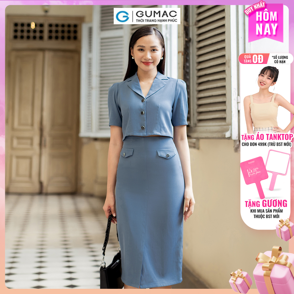 Set lẻ Áo lửng cổ danton thời trang GUMAC AD07007 - Chân váy bút chì nắp túi thời trang GUMAC VD07008
