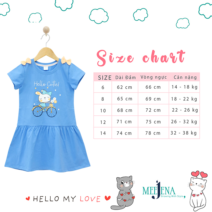 Đầm cho bé gái ngắn tay gắn nơ từ 14-38 kg MEEJENA, 100% COTTON 4C - 2137