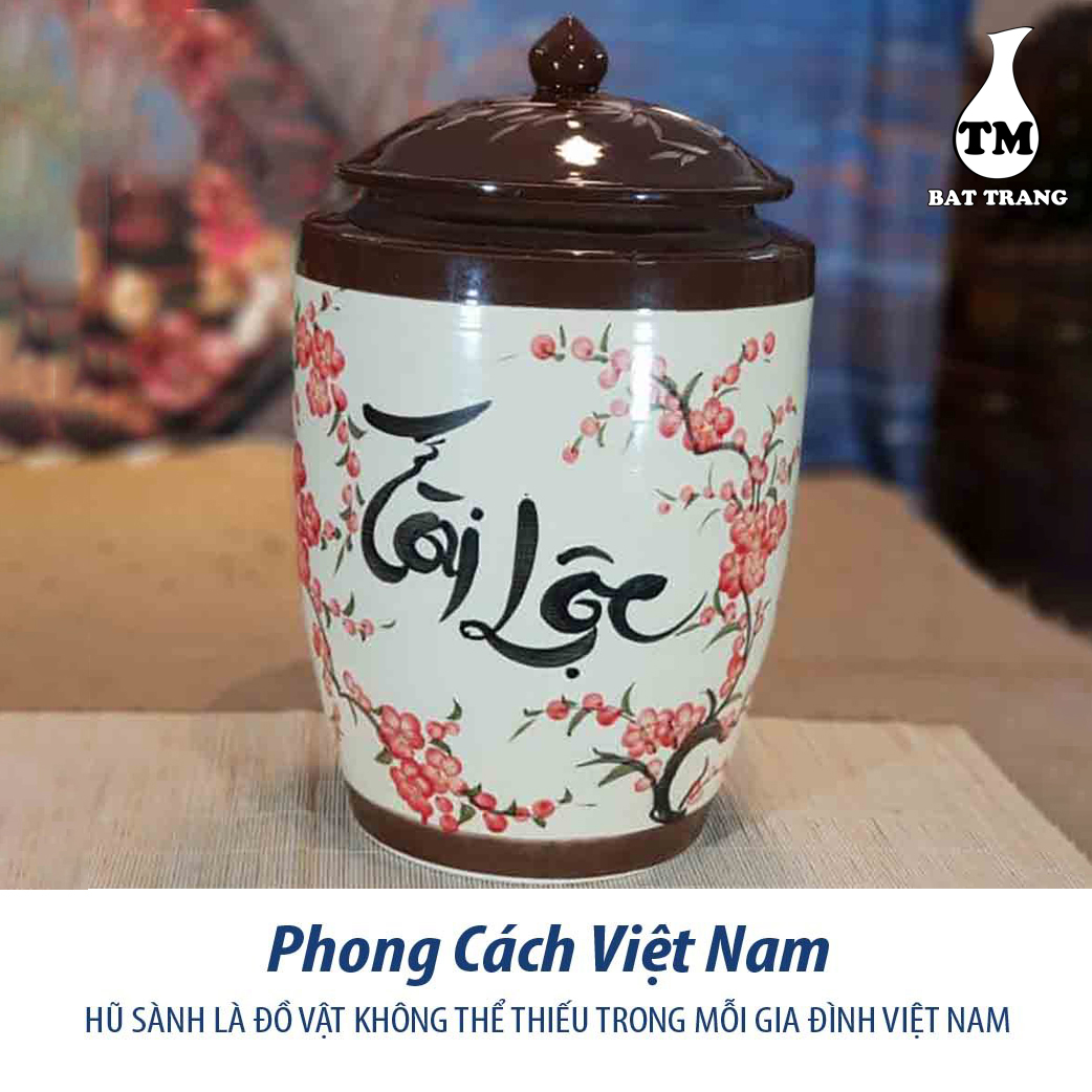 Hủ sứ đựng gạo, ngâm rươu, chứa thực phẩm khô gốm sứ Bát Tràng chữ Tài Lộc nắp nhọn