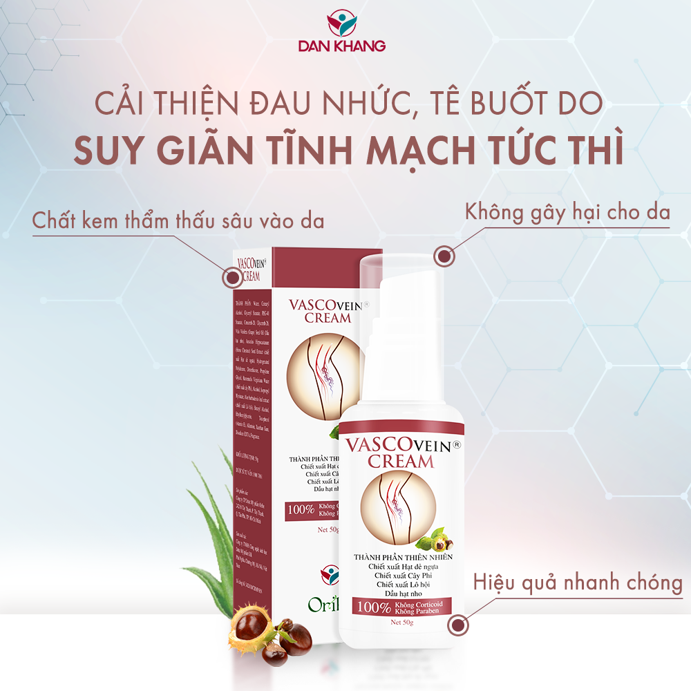 Kem Thoa Giảm Sưng Đau, Tê Phù, Chuột Rút Do Suy Giãn Tĩnh Mạch Vascovein Dân Khang - Tuýp 50g