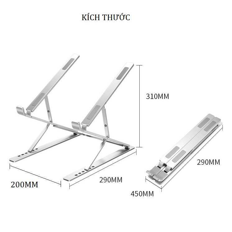 Hình ảnh Giá đỡ laptop nhôm màu bạc thiết kế thông minh 2 tầng điều chỉnh độ cao, gấp gọn và tản nhiệt cho Laptop, Surface, Ipad, Macbook