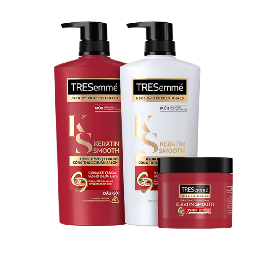 Combo Dầu gội, Dầu xả & Kem ủ TRESEMME Keratin Smooth Dưỡng tóc vào nếp suôn mượt vào nếp suôn mượt Công thức chuẩn salon Hydrolyzed Keratin 640g, 620g, 180ml