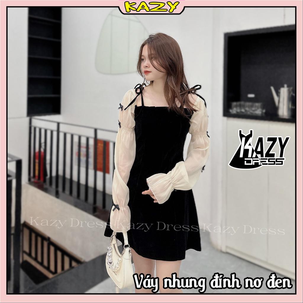 Váy nhung đính nơ tay dài phối tay tơ óng tiểu thư siêu xinh KAZY STORE V028