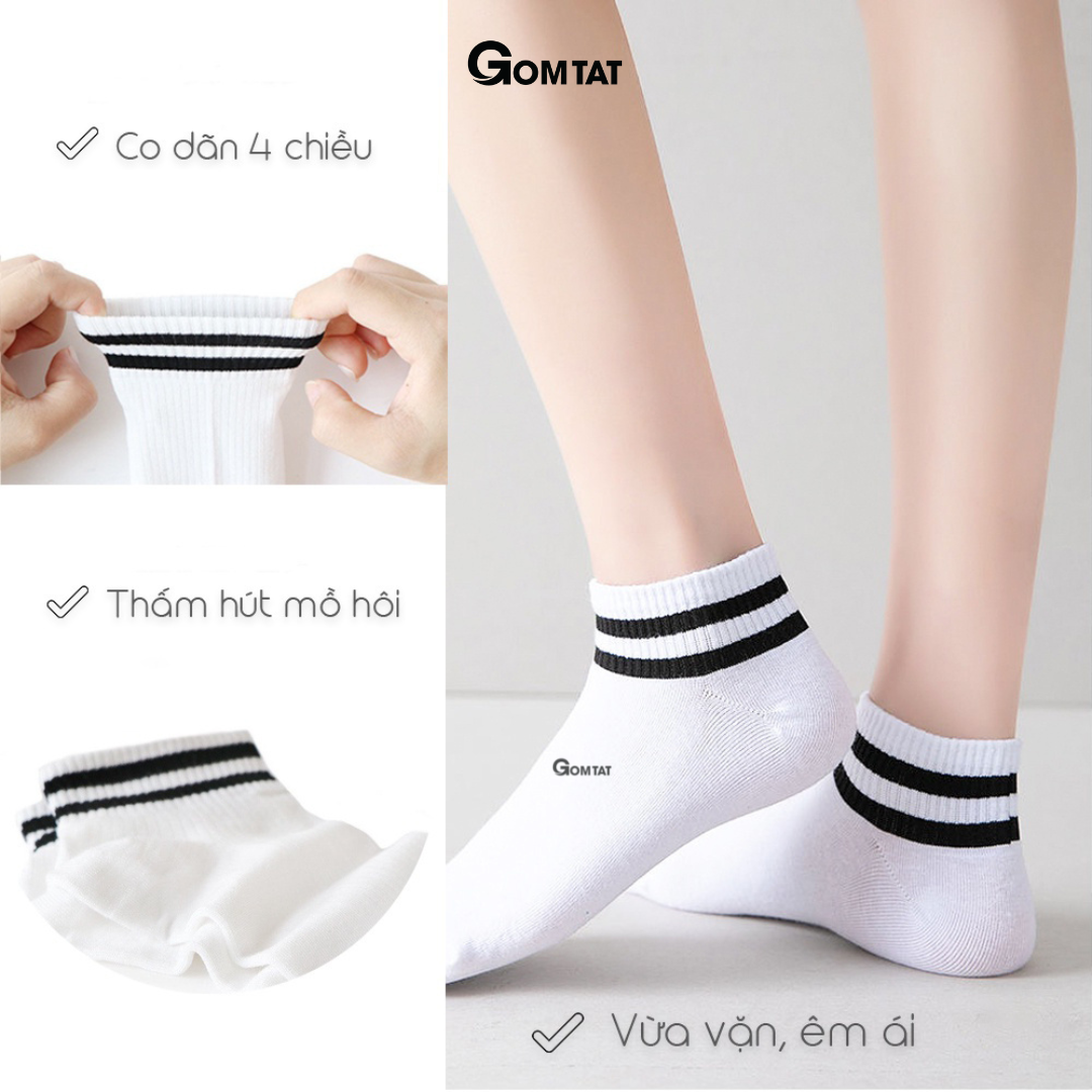 Tất Nam Nữ Cổ Ngắn Thời Trang Hàn Quốc, Vớ Cổ Thấp Unisex 2 Sọc Êm Mềm Thoáng Mát - NGAN-2SOC-1DOI-201