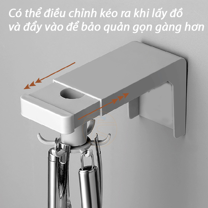 Giá treo 6 móc xoay 360 độ dán tường dùng treo bông tắm, xẻng, muôi, chìa khóa và các đồ vật khác trong nhà tiện lợi