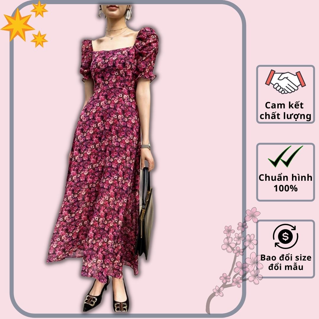 Đầm xòe maxi lụa hoa mềm mịn cổ vuông bo chun siêu co giãn vintage - VN482001