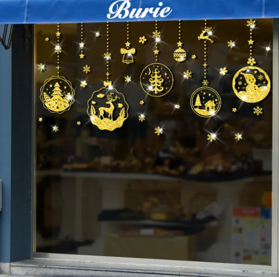 Decal trang trí Noel - Rèm trái châu lớn nhũ kim tuyến vàng lấp lánh