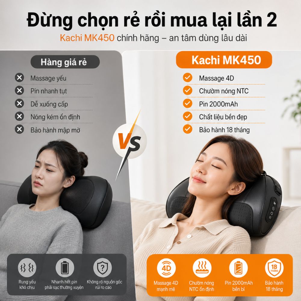 Gối Massage Cổ Vai Gáy Kachi MK450 – Công Nghệ Massage 4D Chườm Nóng - hàng chính hãng