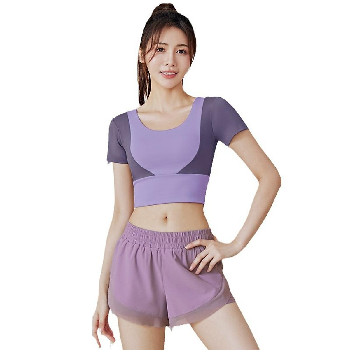 "NEW 2026" Quần đùi tập gym yoga chạy bộ nữ 2 lớp túi đựng điện thoại " HOT HOT" - Tím