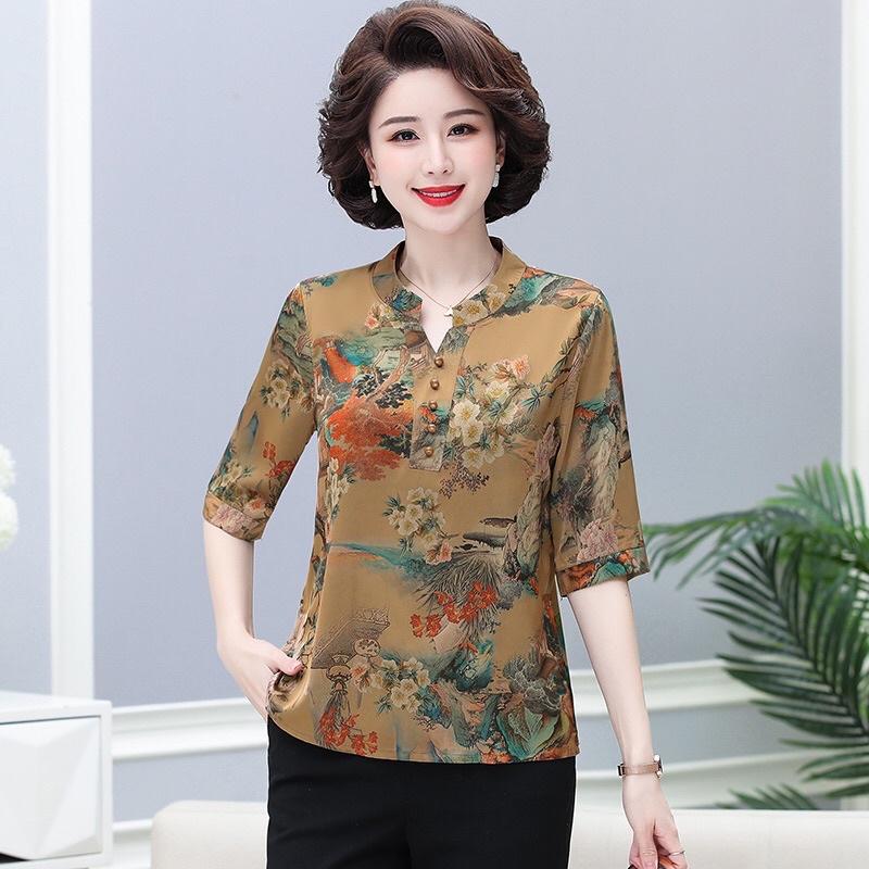 Áo trung niên nữ,áo sơ mi hoa bà cho mẹ,áo kiểu nữ trung niên sang trọng