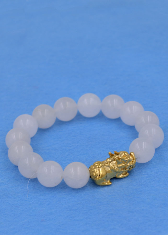 Vòng đeo tay thạch anh trắng 12 ly - cẩn Tỳ Hưu inox vàng VTATTHV12 - hợp mệnh Kim, mệnh Thủy