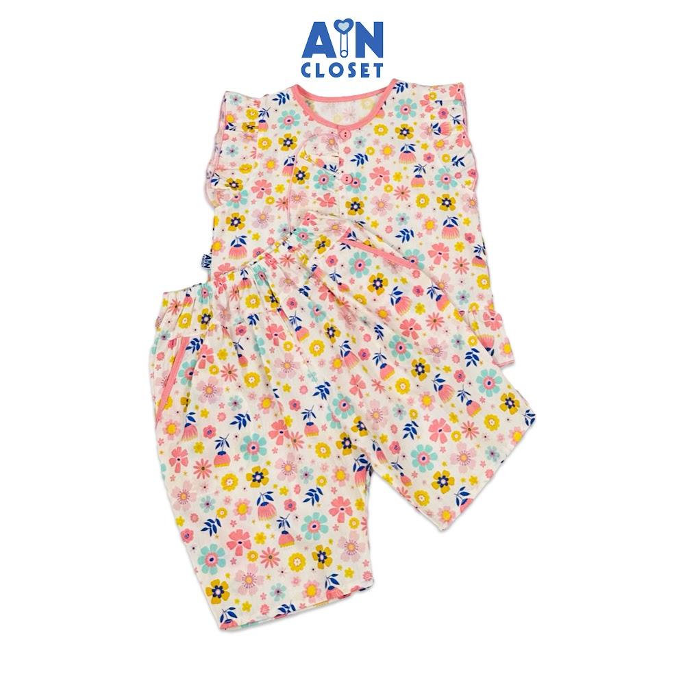 Bộ quần áo Lửng bé gái họa tiết hoa Đồng Nội viền hồng cotton - AICDBGWT548E - AIN Closet