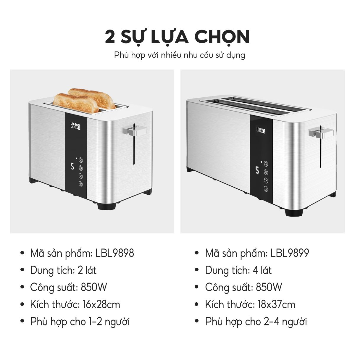 Máy nướng bánh mì Lebenlang LBL9898, dùng hâm nóng, nướng 2 lát bánh sandwich 850W, bảo hành 2 năm - hàng chính hãng